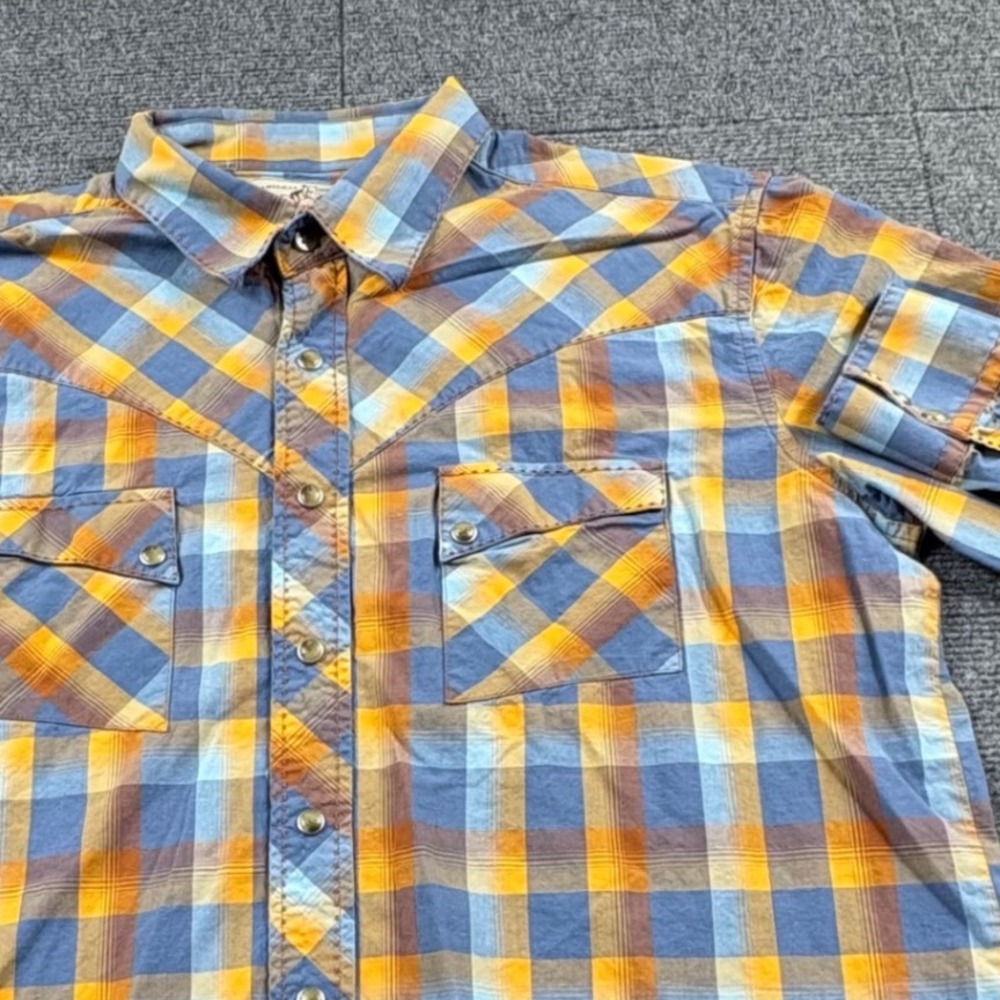 Wrangler American Cowboys Mens L Blue Orange Plaid Western Pearl Snap Shirt L/G